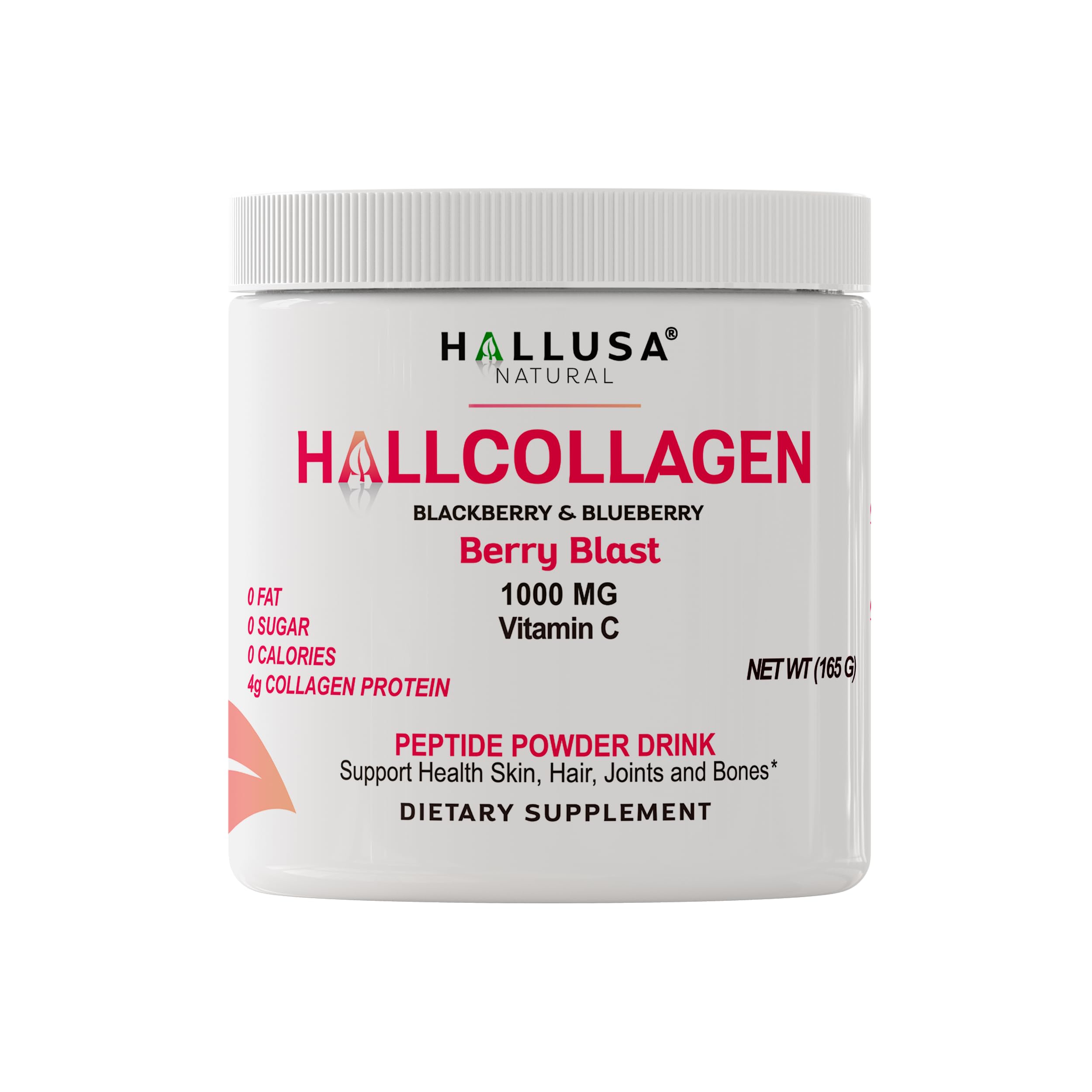 Front view of Hallusa Berry flavor collagen powder tub
