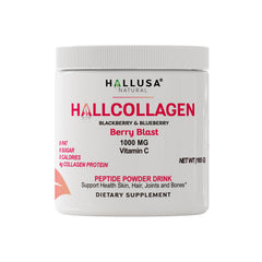 Front view of Hallusa Berry flavor collagen powder tub