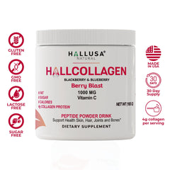 Hallusa collagen powder bottle highlighting 1000mg Vitamin C