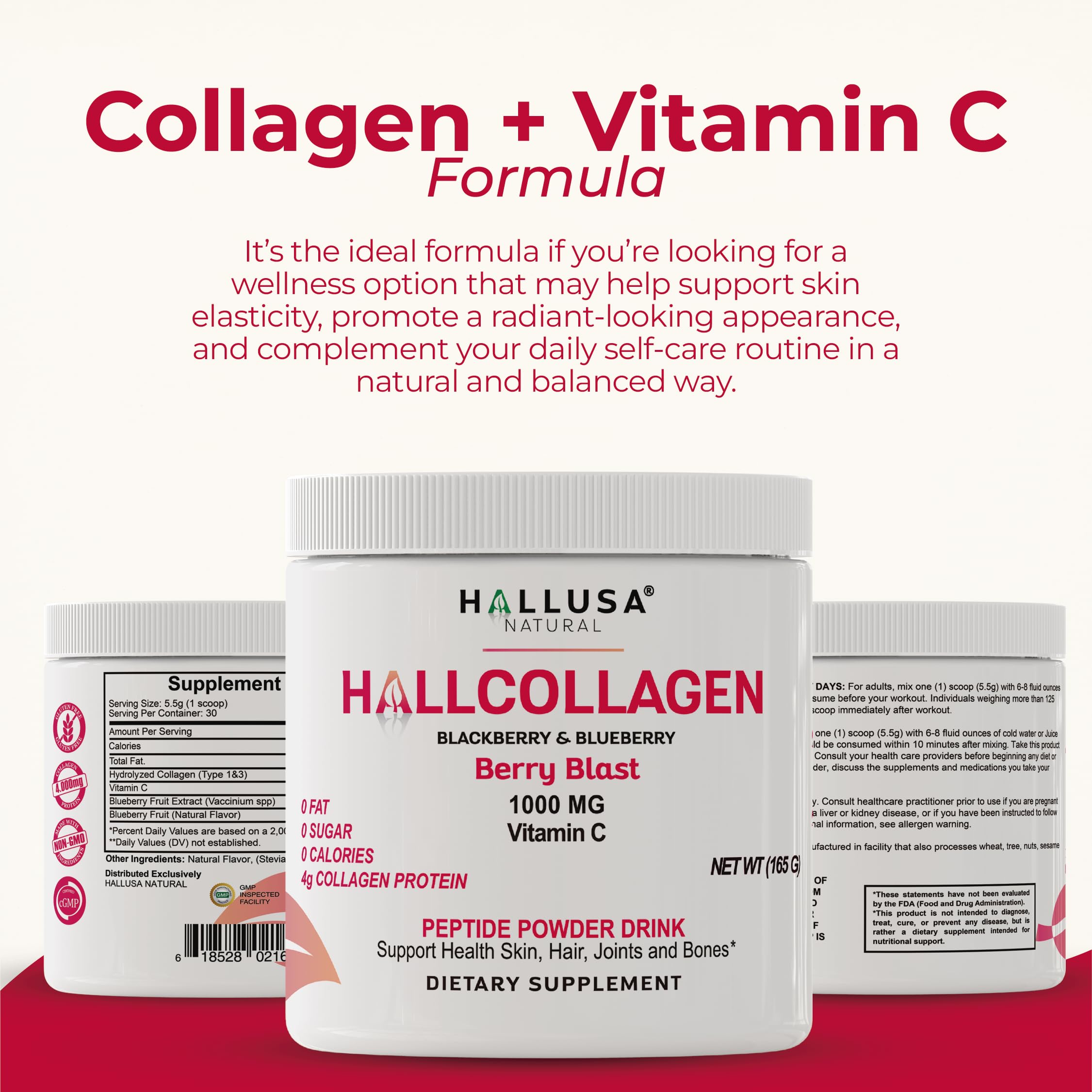 Back view of the Hallusa collagen powder packaging with nutrition panel