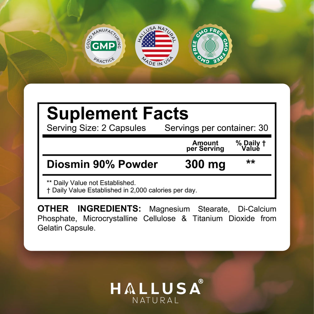 Suggested daily intake: 3 capsules totaling 900 mg Diosmin