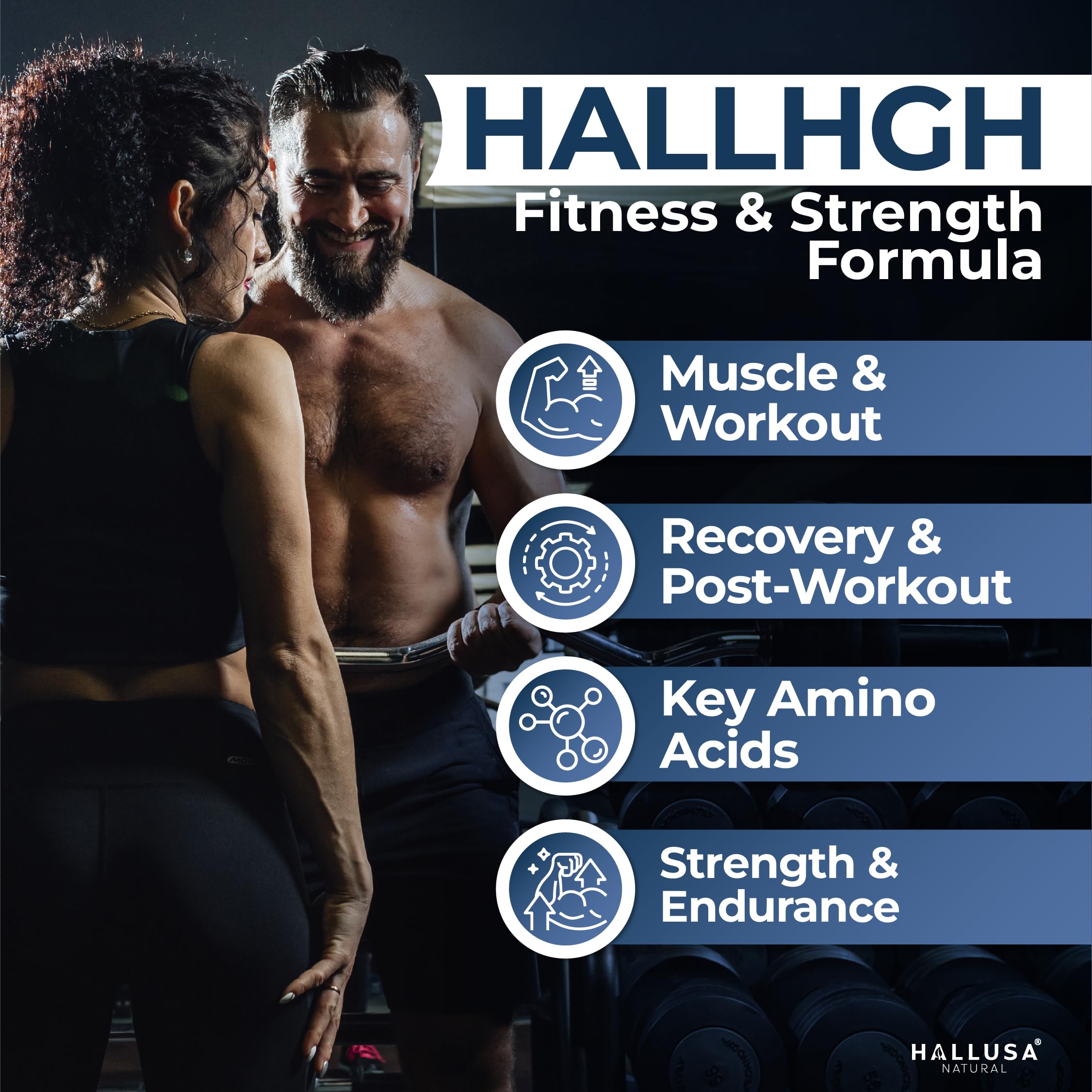 Illustration of amino acids L-Arginine, L-Ornithine, and L-Glutamine for Hallusa HGH Complex