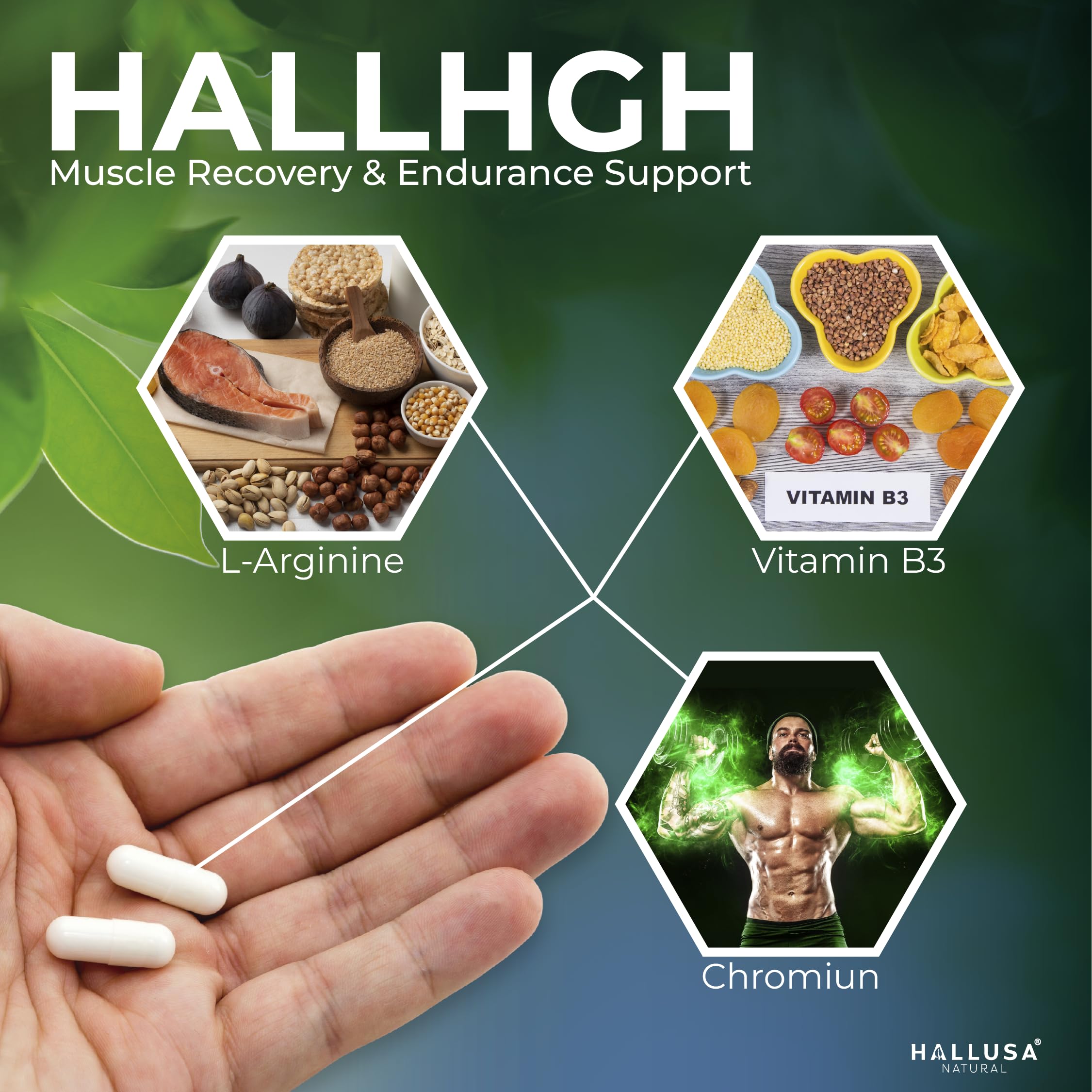 Hallusa logo with HGH Complex packaging