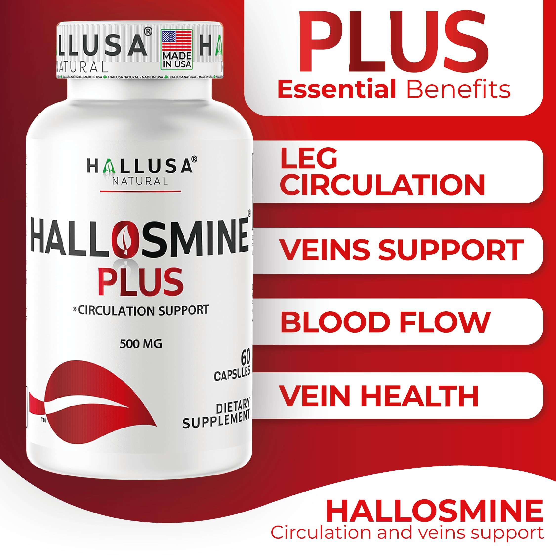 Close-up of capsule details on Hallosmine Plus bottle