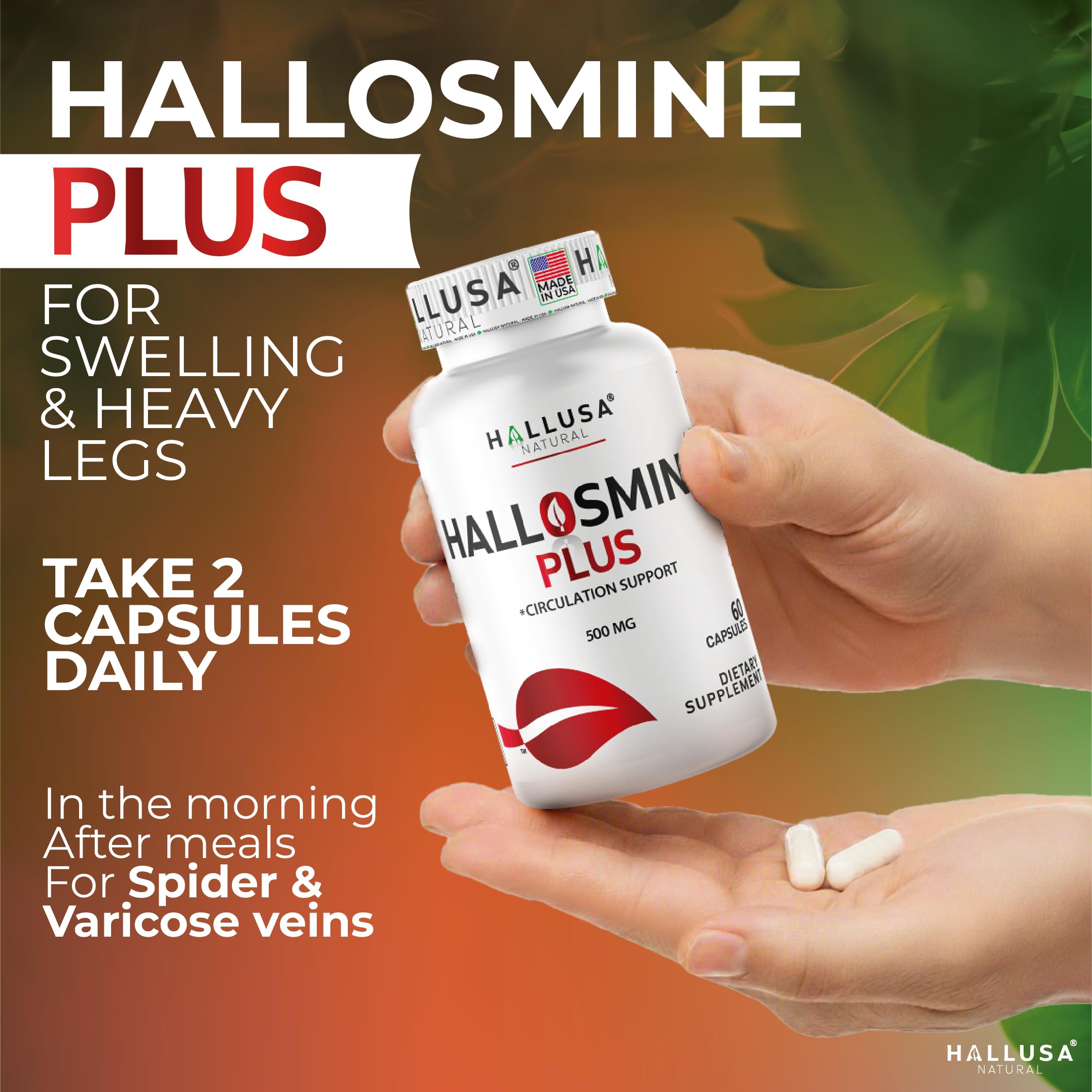 Front view of Hallusa Natural Hallosmine Plus packaging