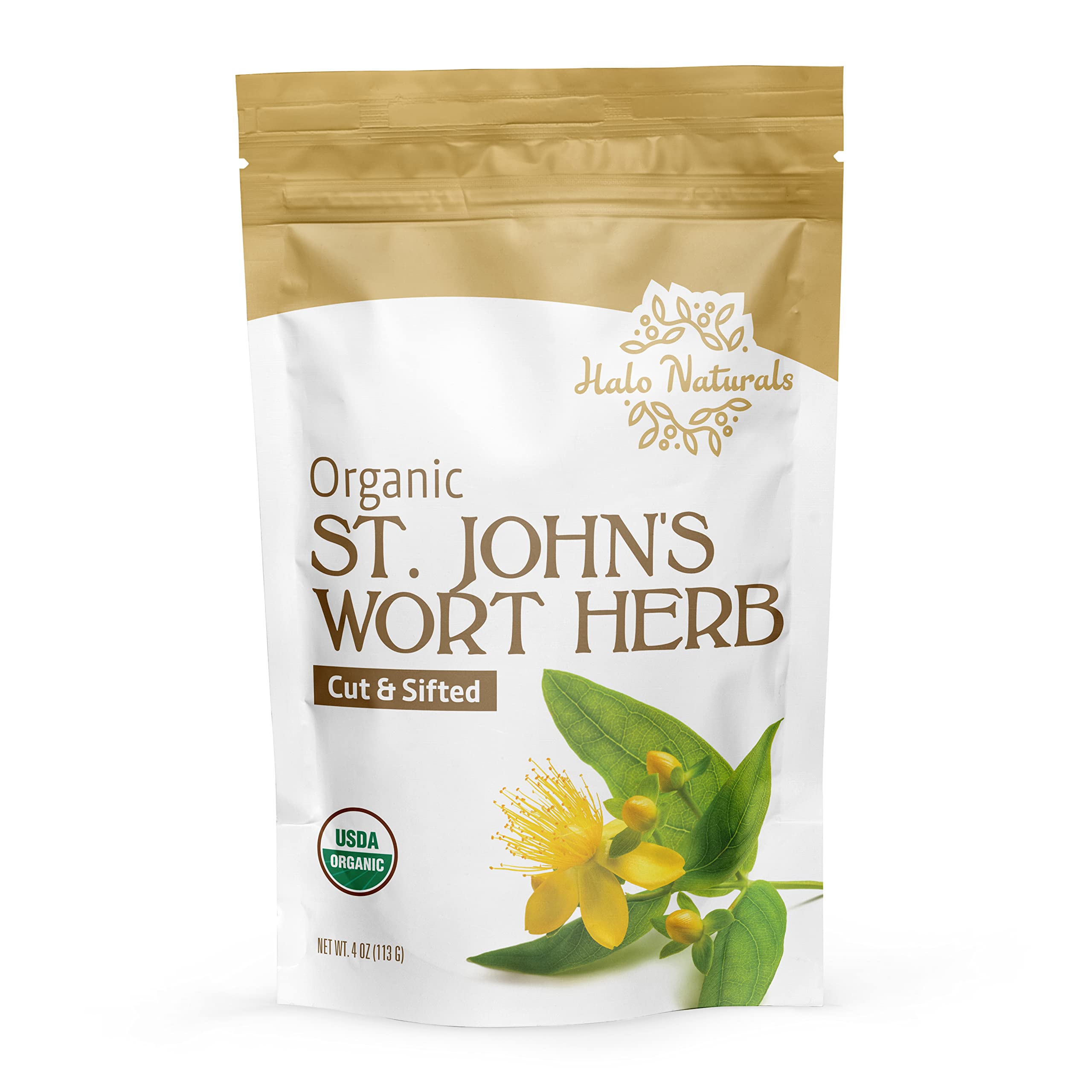 Bulk cut and sifted St. John's Wort herb in 4 oz packaging
