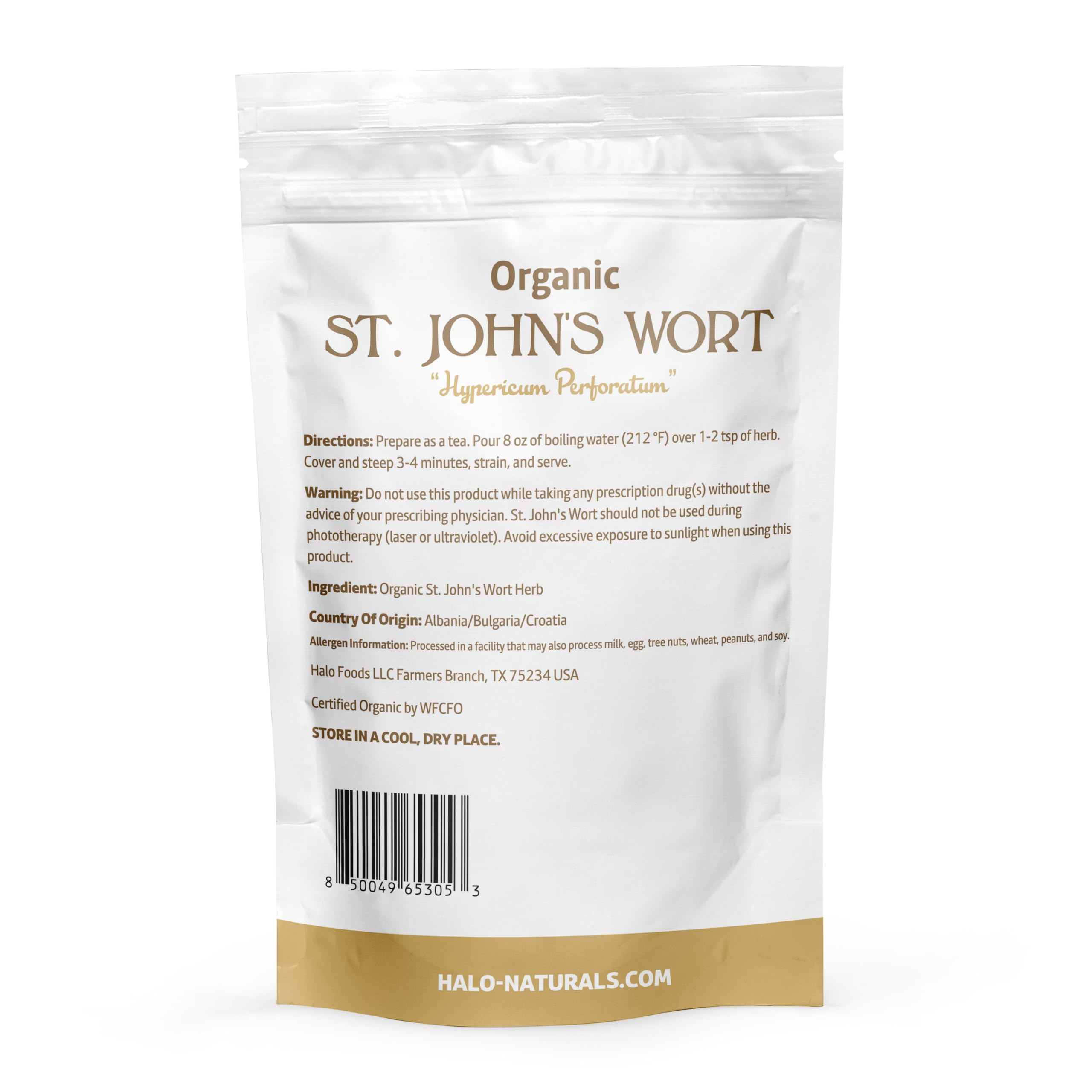Close-up of Halo Naturals St. John's Wort label showing product details