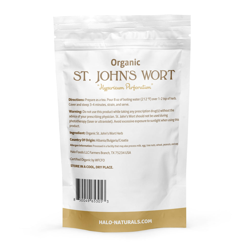 Close-up of Halo Naturals St. John's Wort label showing product details
