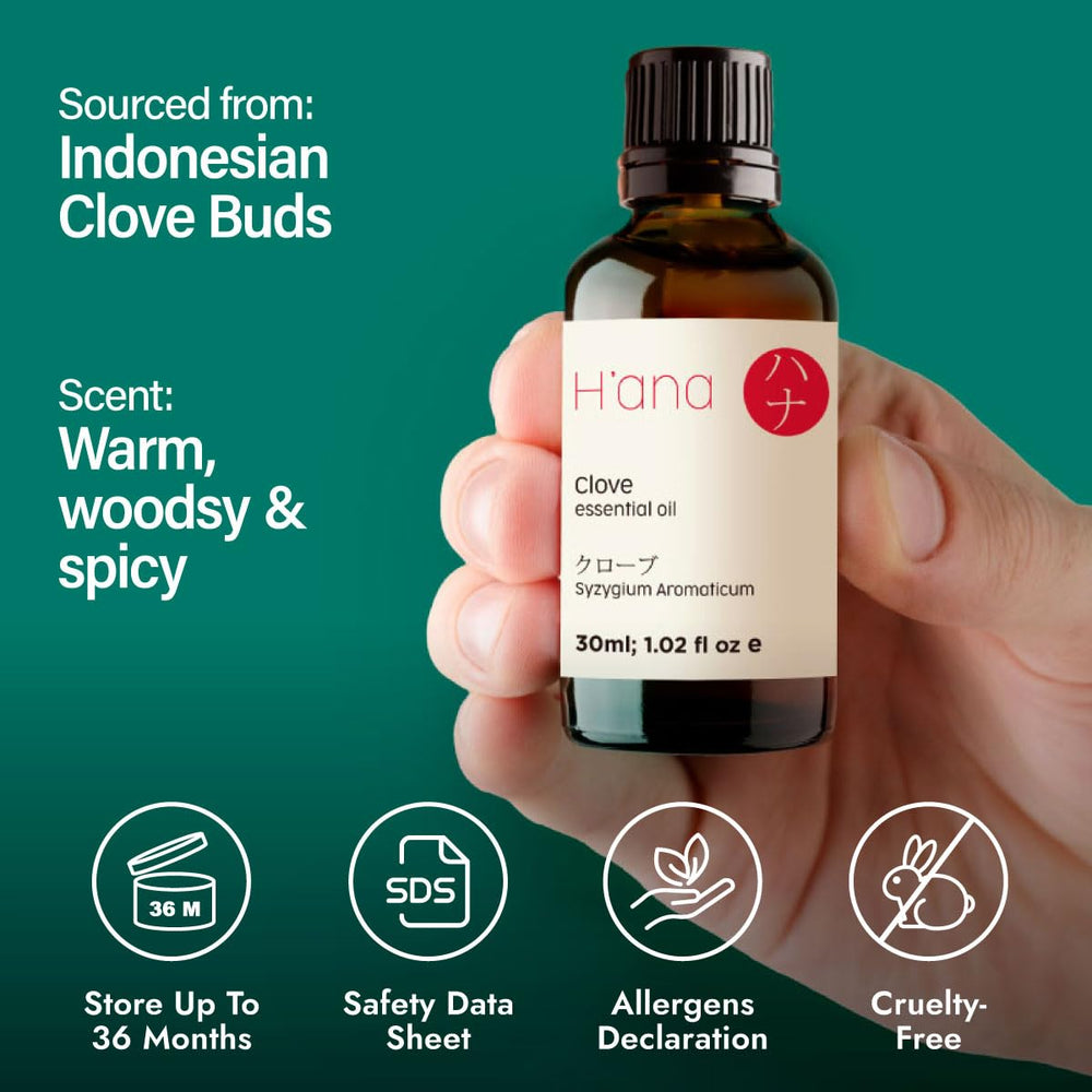 H'ana Clove Essential Oil packaging and bottle