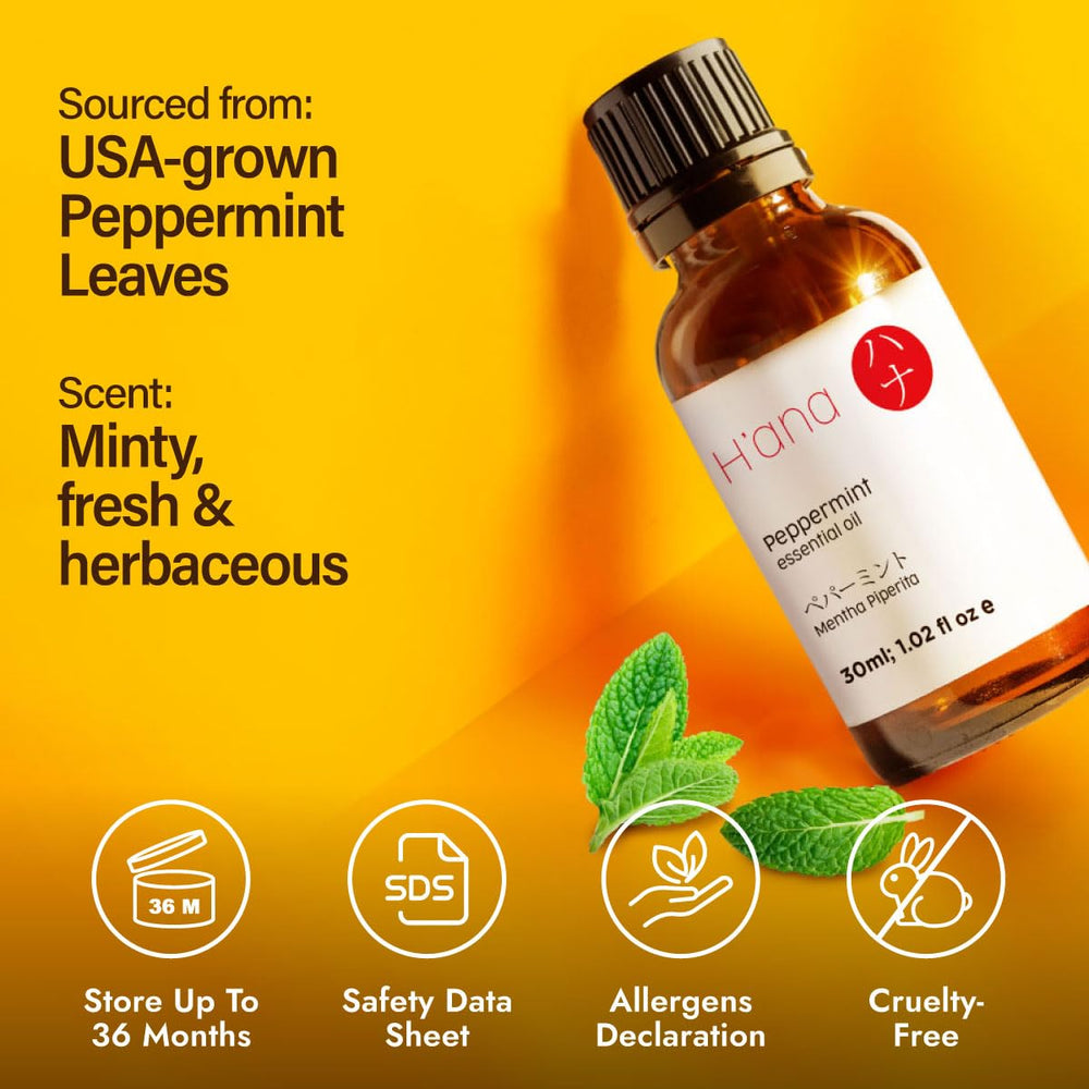 H'ana Peppermint Essential Oil bottle with label