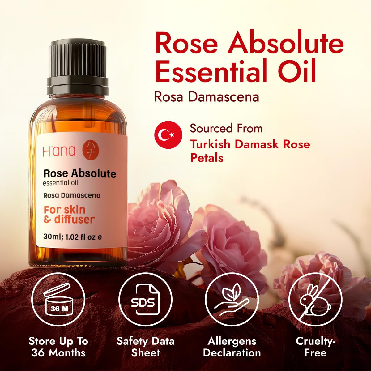 Packaging of H'ana Rose Essential Oil 1.02 Fl Oz