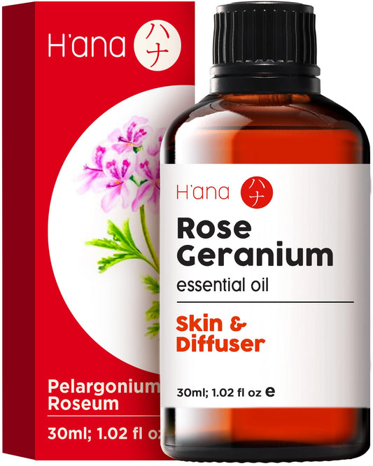 H'ana Rose Geranium Essential Oil bottle 1.02 oz – front view