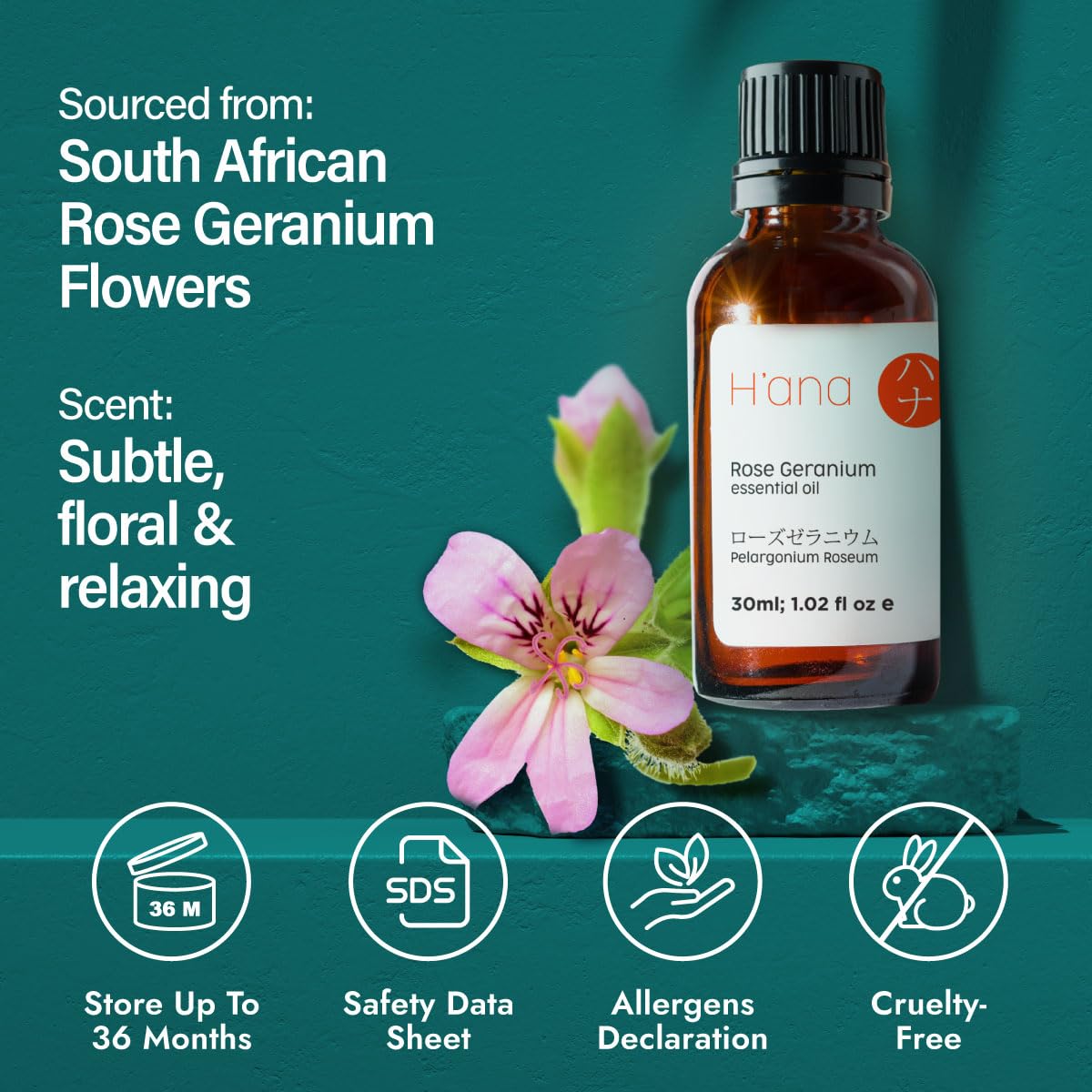H'ana Rose Geranium Essential Oil packaging and label