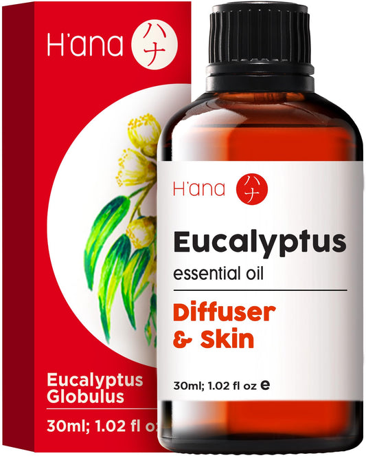 H'ana Eucalyptus Essential Oil bottle with green eucalyptus leaves