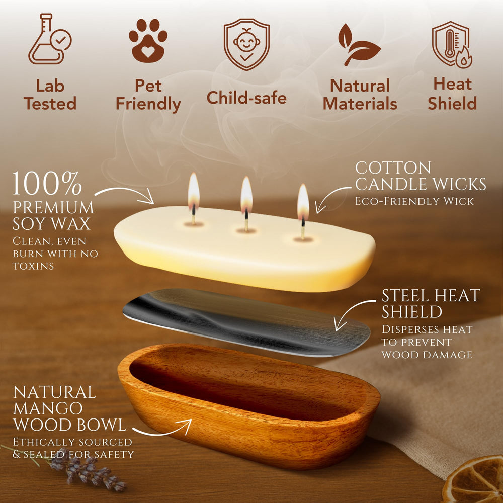 Hand-poured soy candle in a wooden dough bowl for farmhouse decor