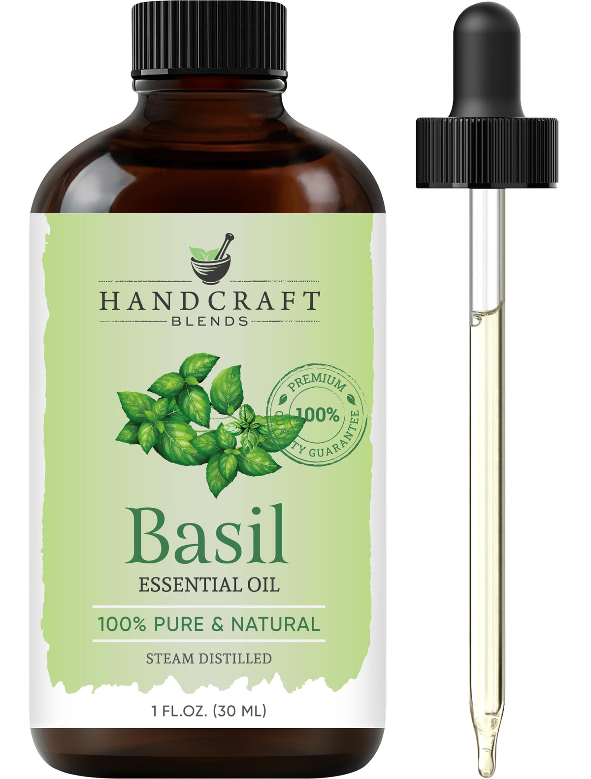 1 fl oz Handcraft Blends Basil Essential Oil in amber glass bottle