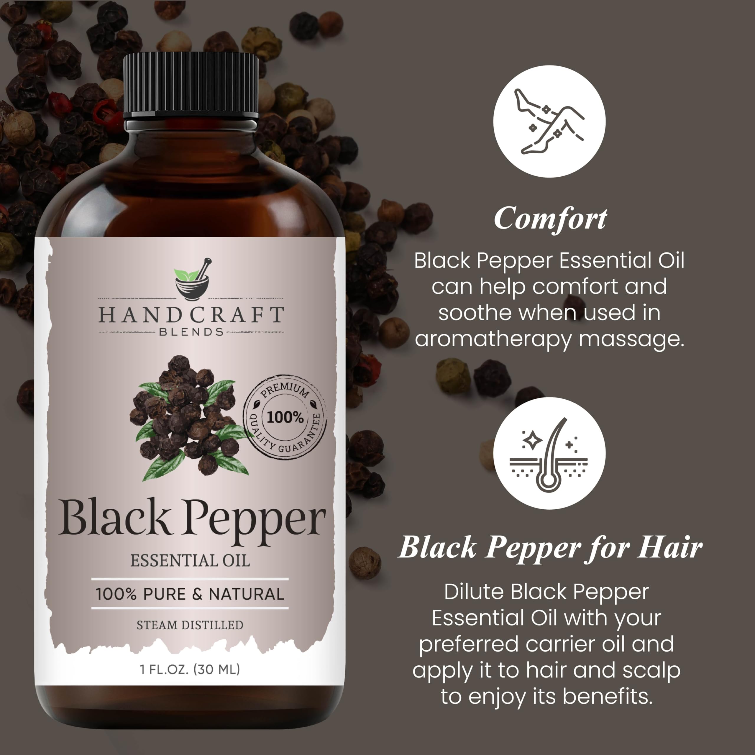 Close-up of Handcraft Blends Black Pepper Essential Oil bottle