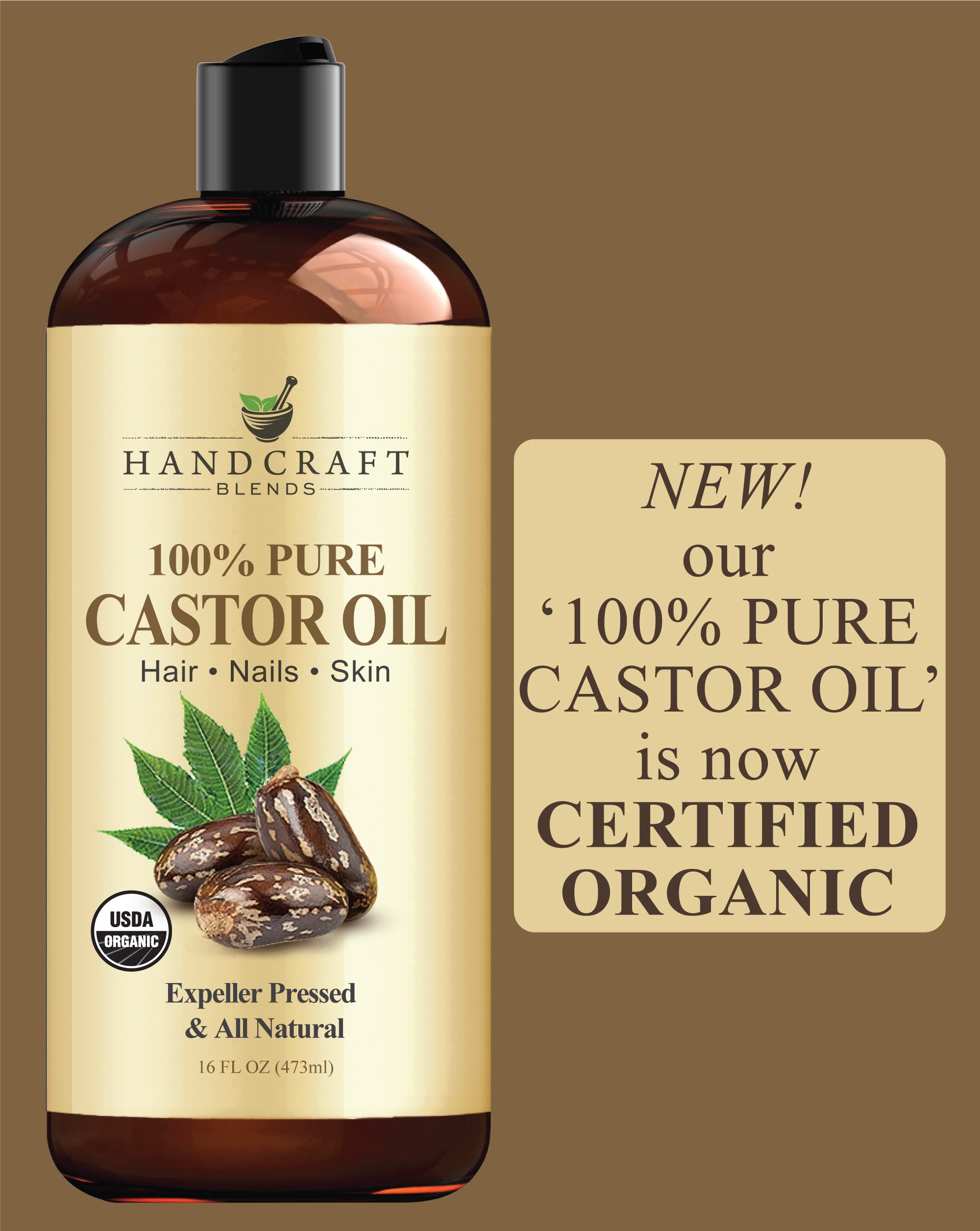 Flat lay of castor oil bottle and beauty tools