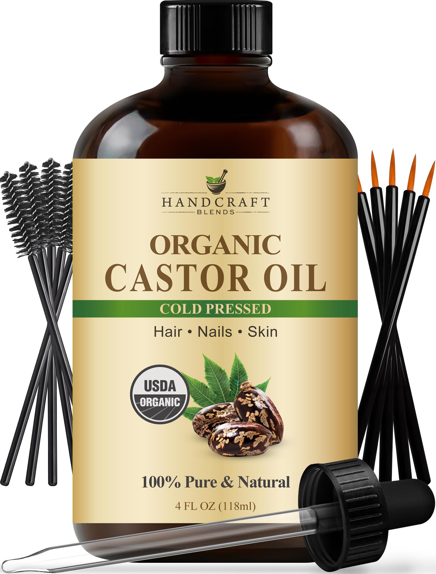 Front view of Handcraft Blends cold-pressed castor oil 4 oz glass bottle