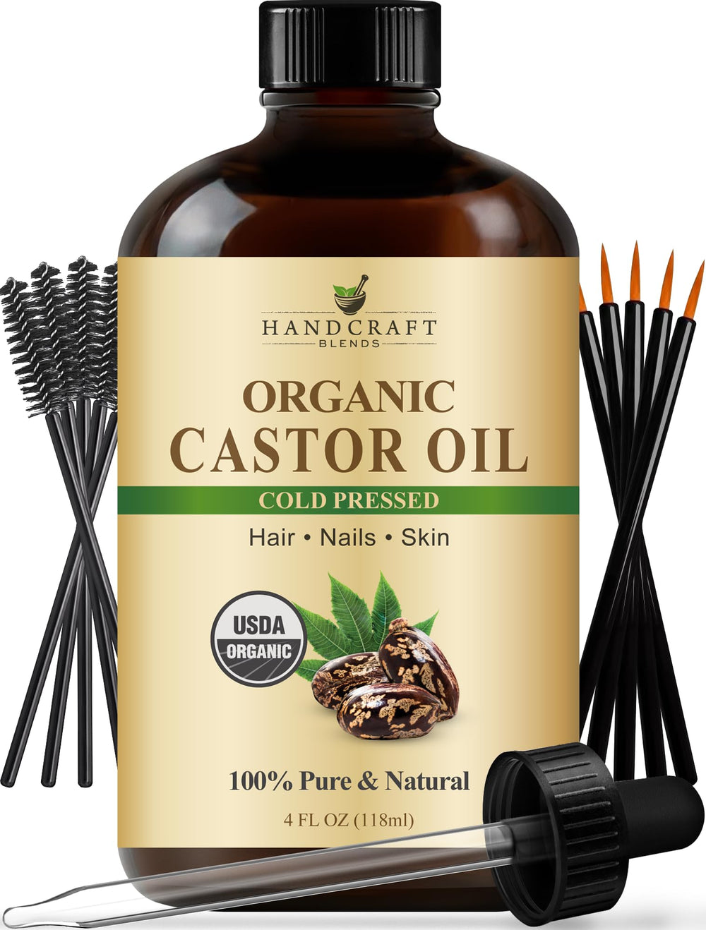 Front view of Handcraft Blends cold-pressed castor oil 4 oz glass bottle