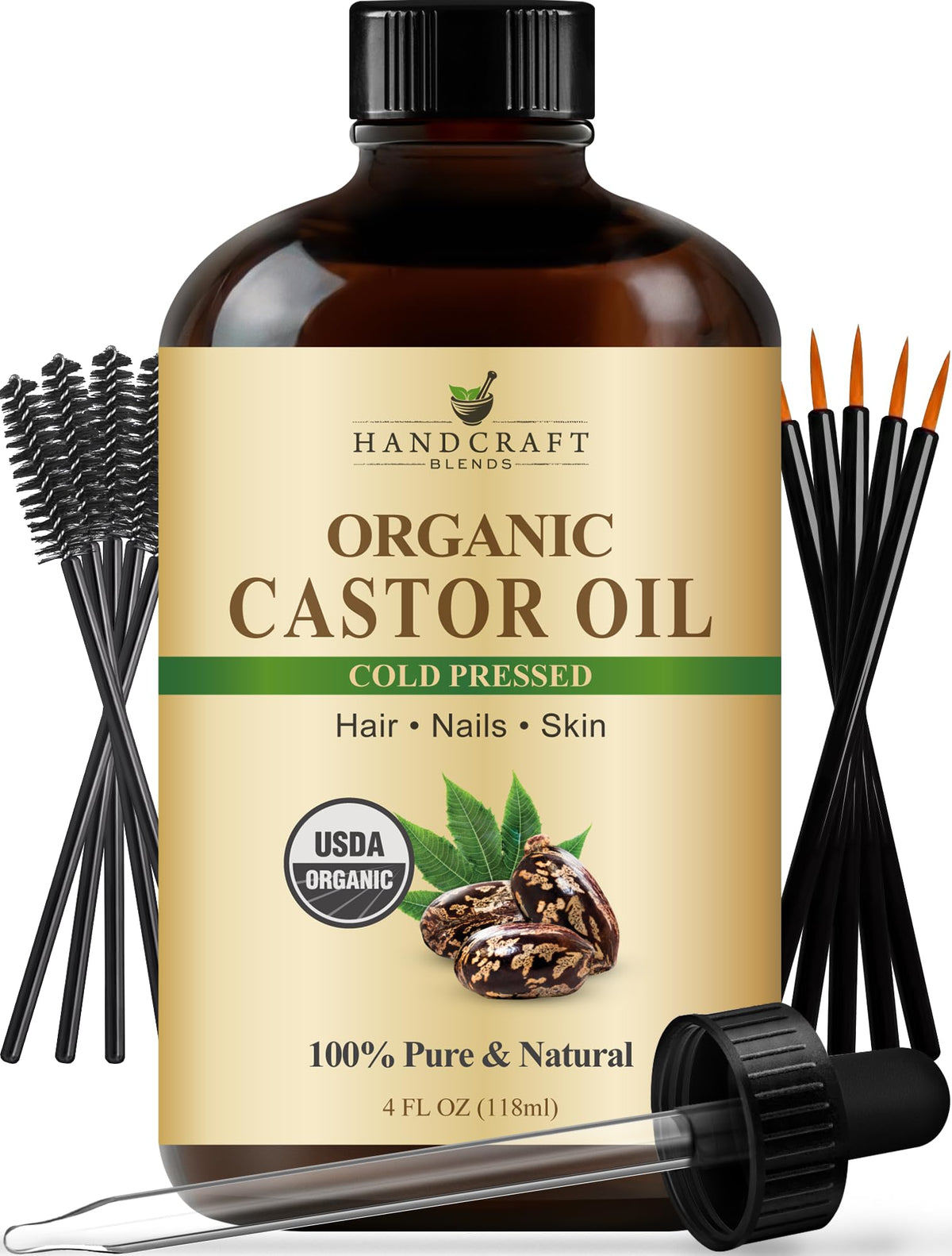 Front view of Handcraft Blends cold-pressed castor oil 4 oz glass bottle
