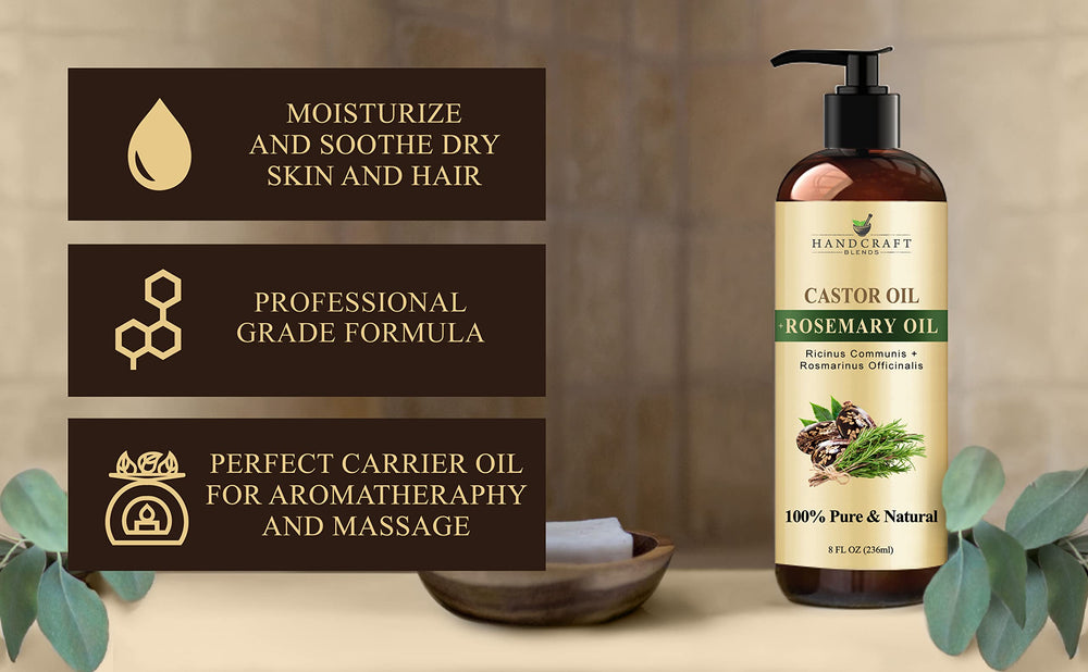 Hair, eyelashes, and eyebrows care products with castor oil and rosemary