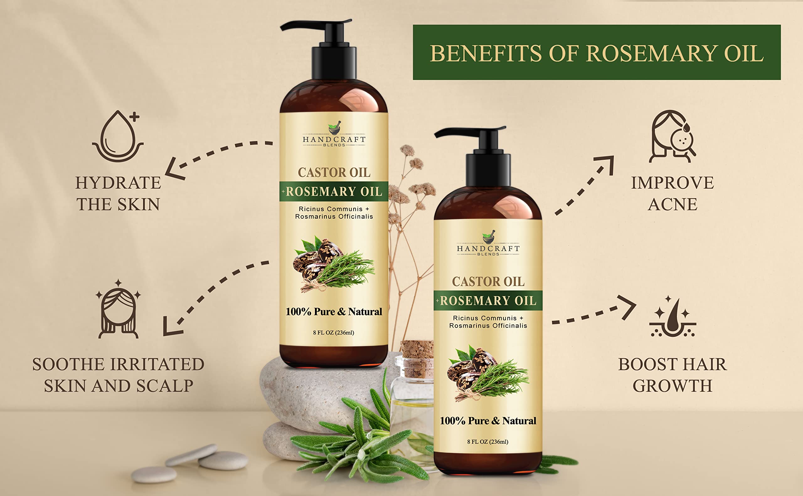 Natural skincare setup featuring castor oil and rosemary