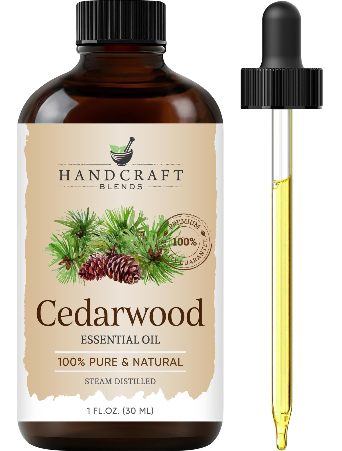 Amber glass bottle of Handcraft Blends Cedarwood Essential Oil, 1 oz