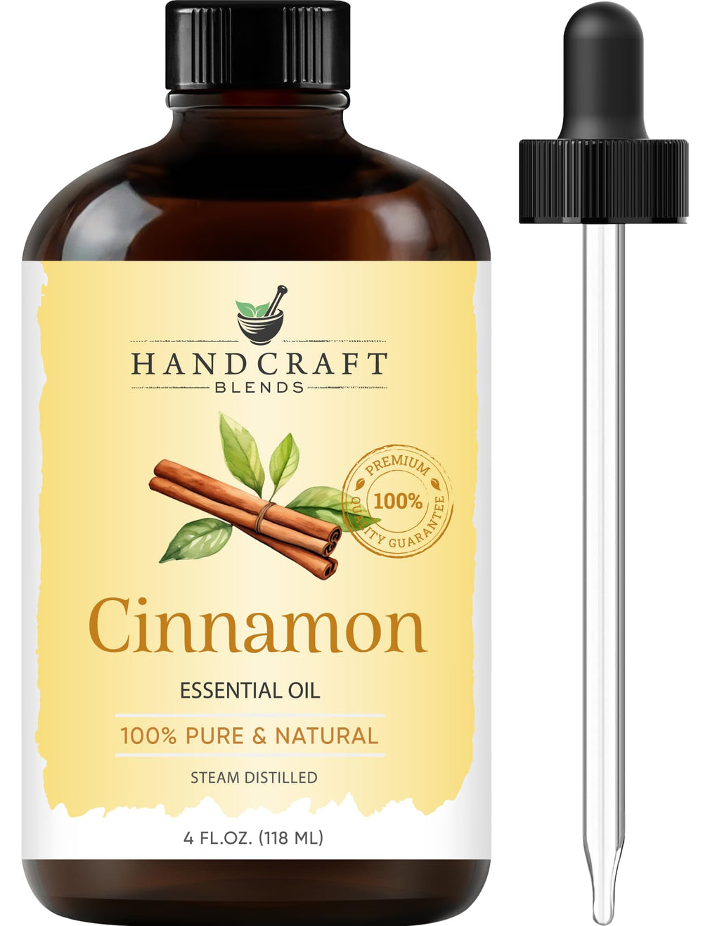 Amber glass bottle of Handcraft Blends Cinnamon Essential Oil with dropper
