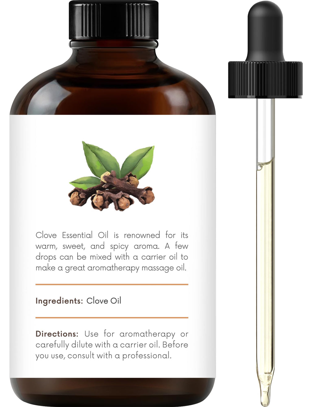 Amber bottle with glass dropper for clove essential oil