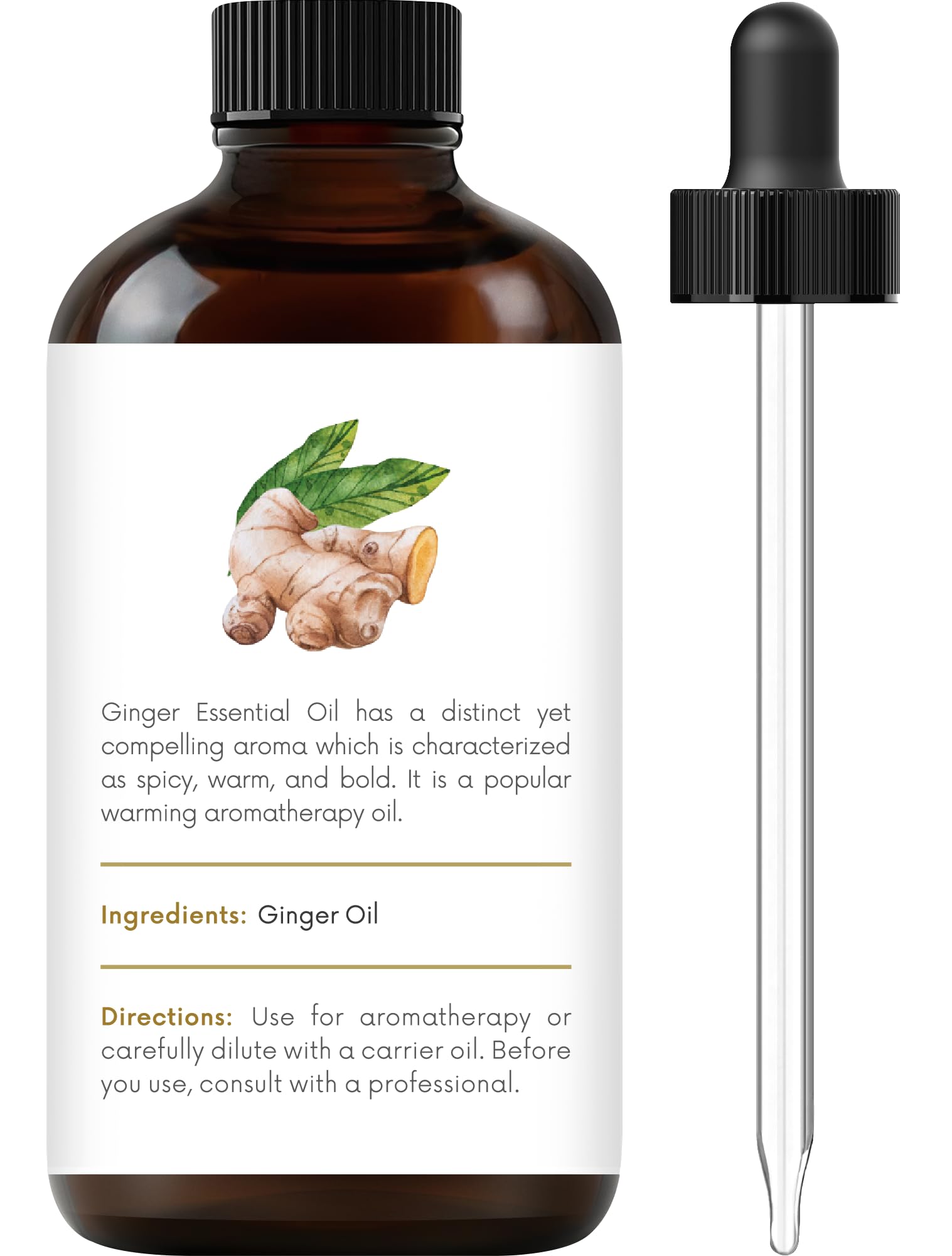 Amber glass bottle with built-in dropper for ginger essential oil