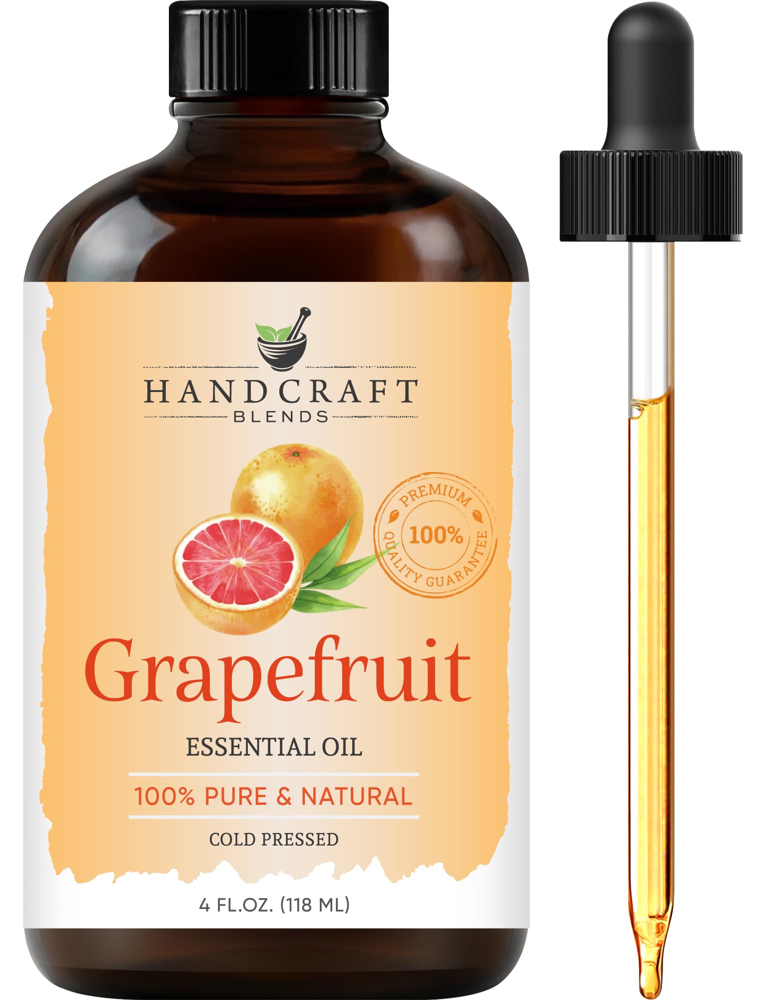 Grapefruit essential oil in amber glass bottle with dropper
