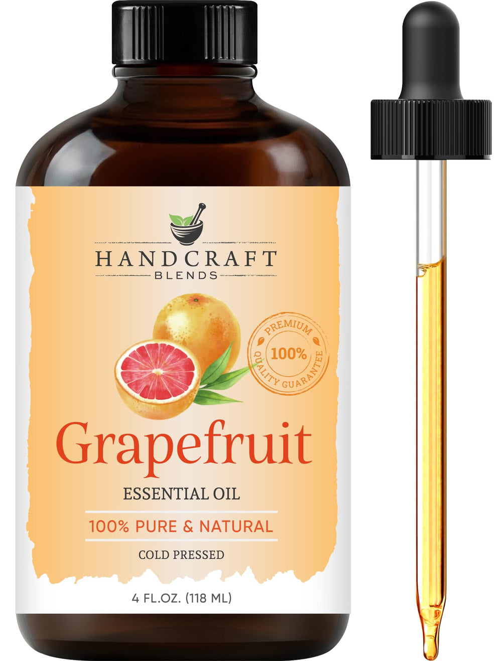 Grapefruit essential oil in amber glass bottle with dropper
