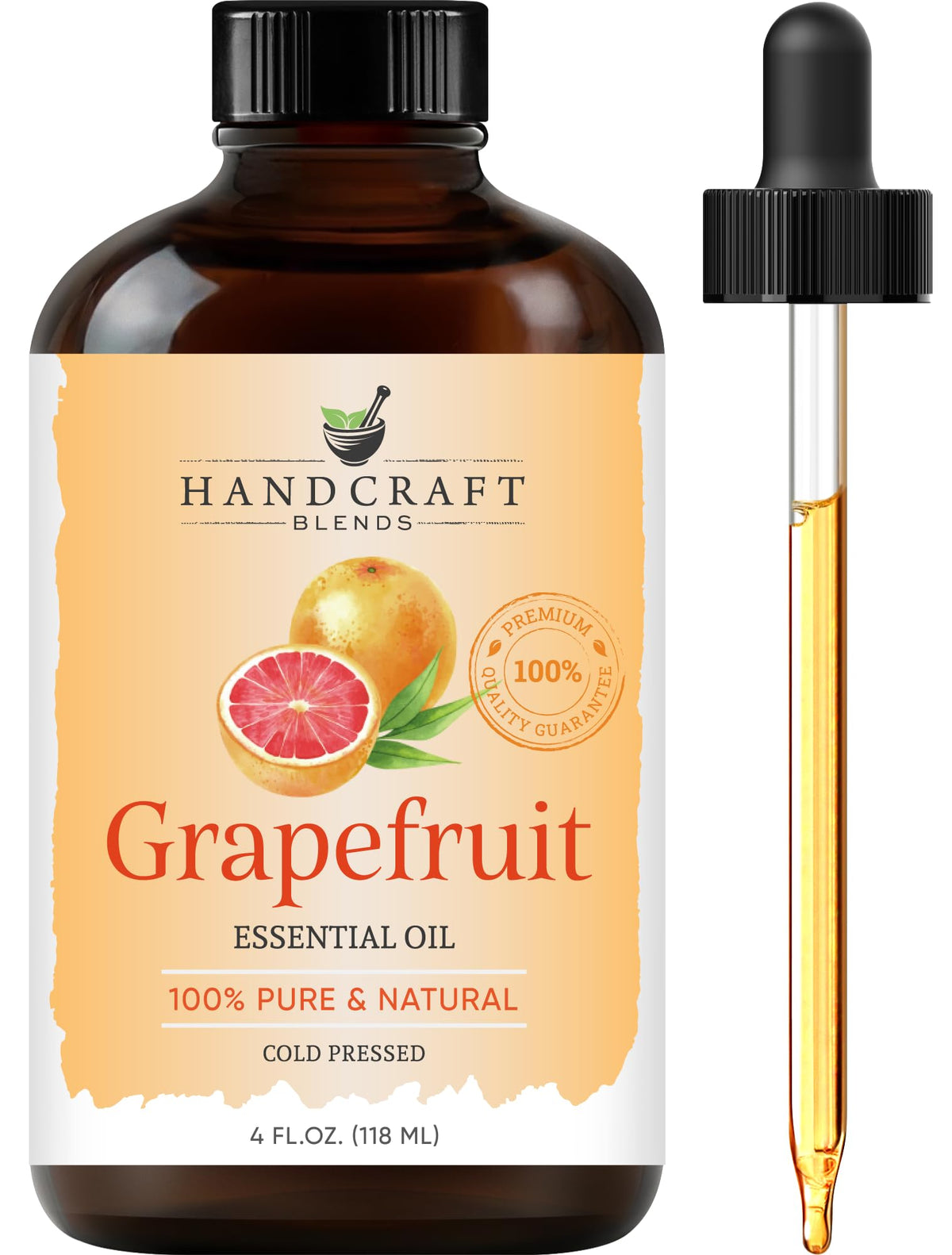Grapefruit essential oil in amber glass bottle with dropper