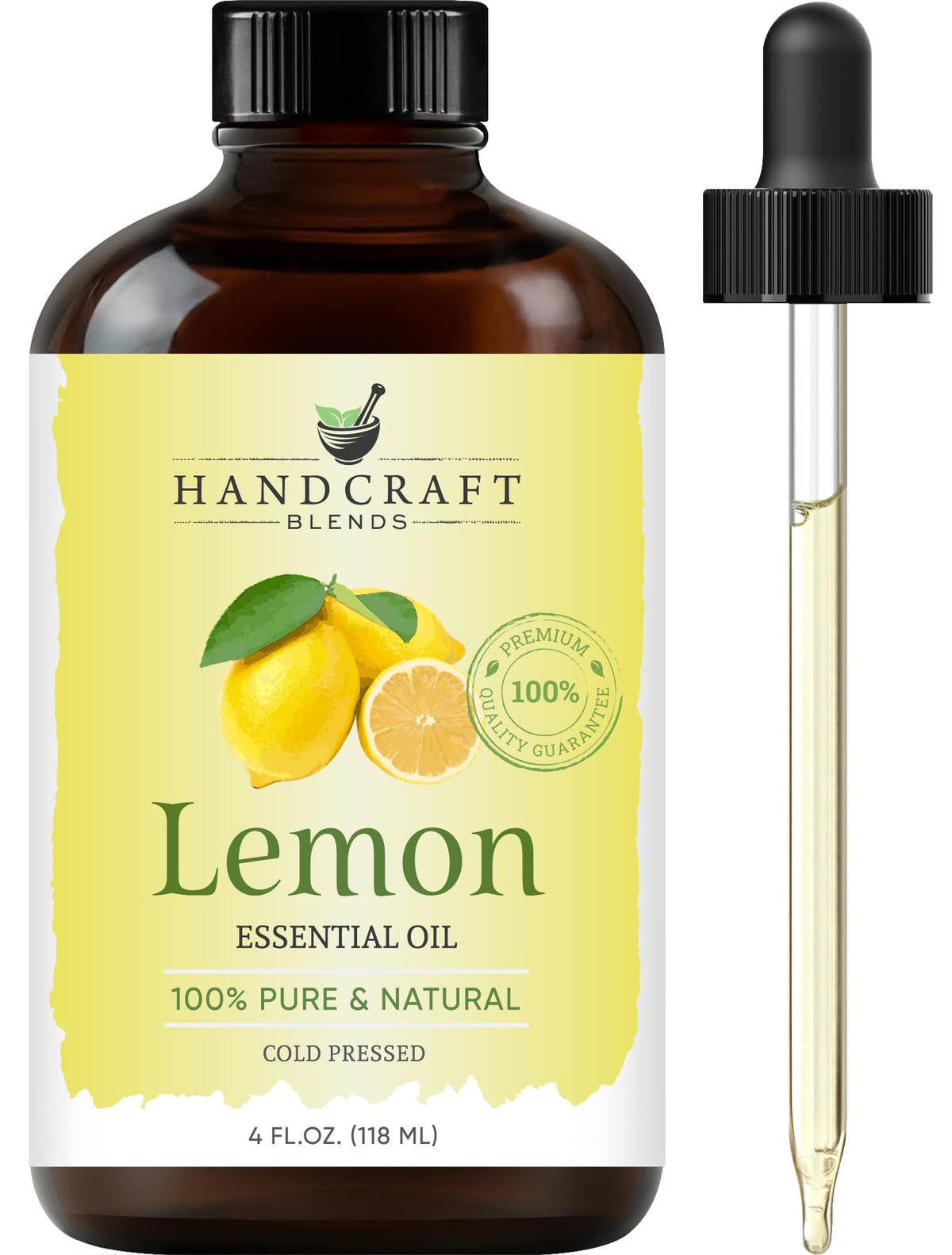 Handcraft Blends Lemon Essential Oil in a 4 oz amber bottle
