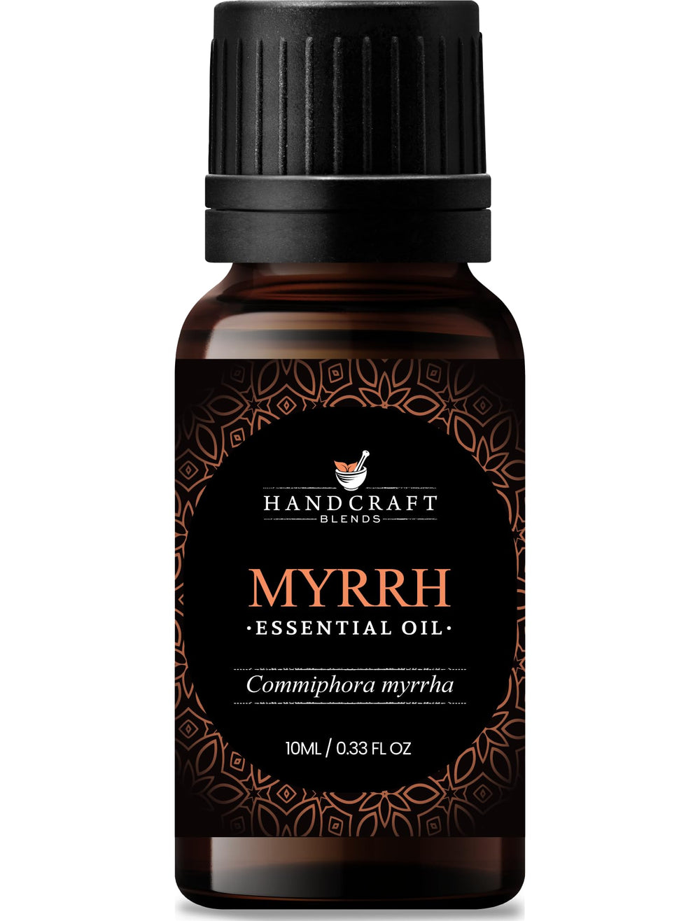 Product shot of Handcraft Blends Myrrh essential oil in an amber glass bottle