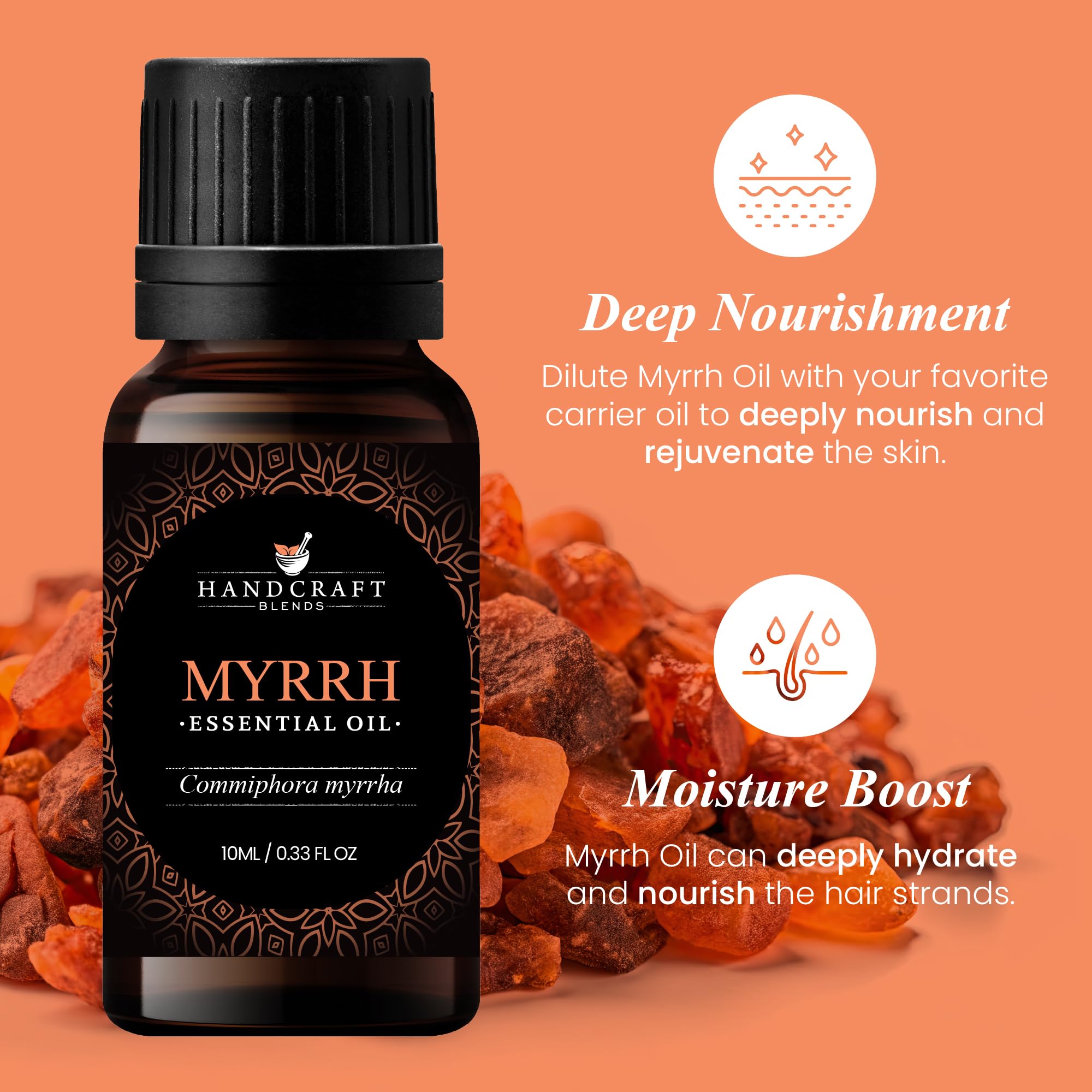 Myrrh essential oil bottle label showing 0.33 fl oz and purity