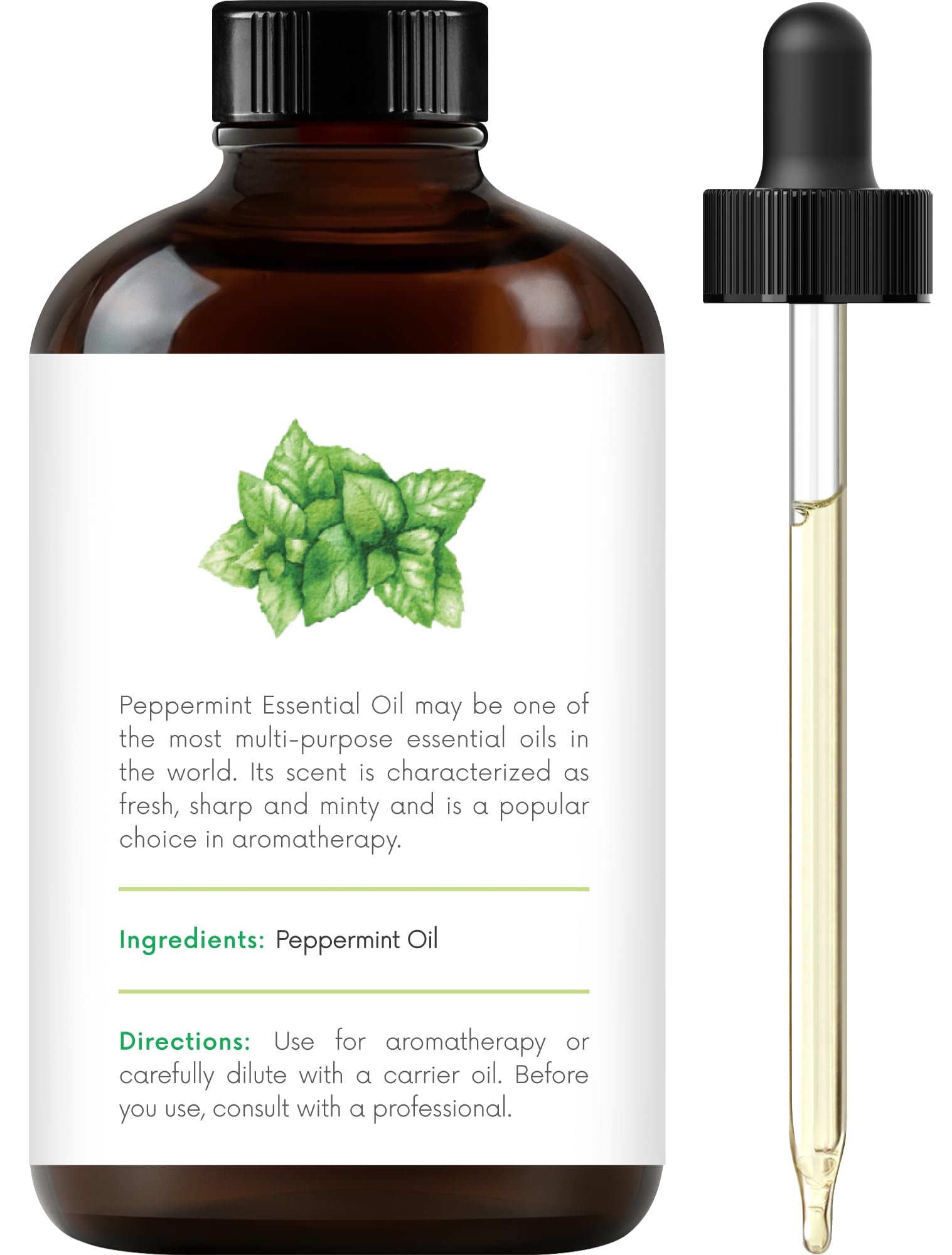 Amber glass bottle labeled 100% pure peppermint oil