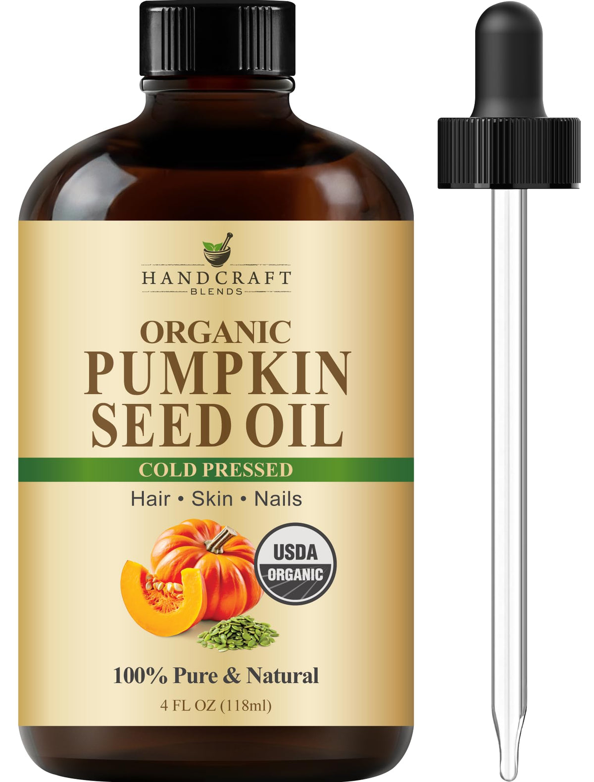 4 oz glass bottle of cold-pressed organic pumpkin seed oil