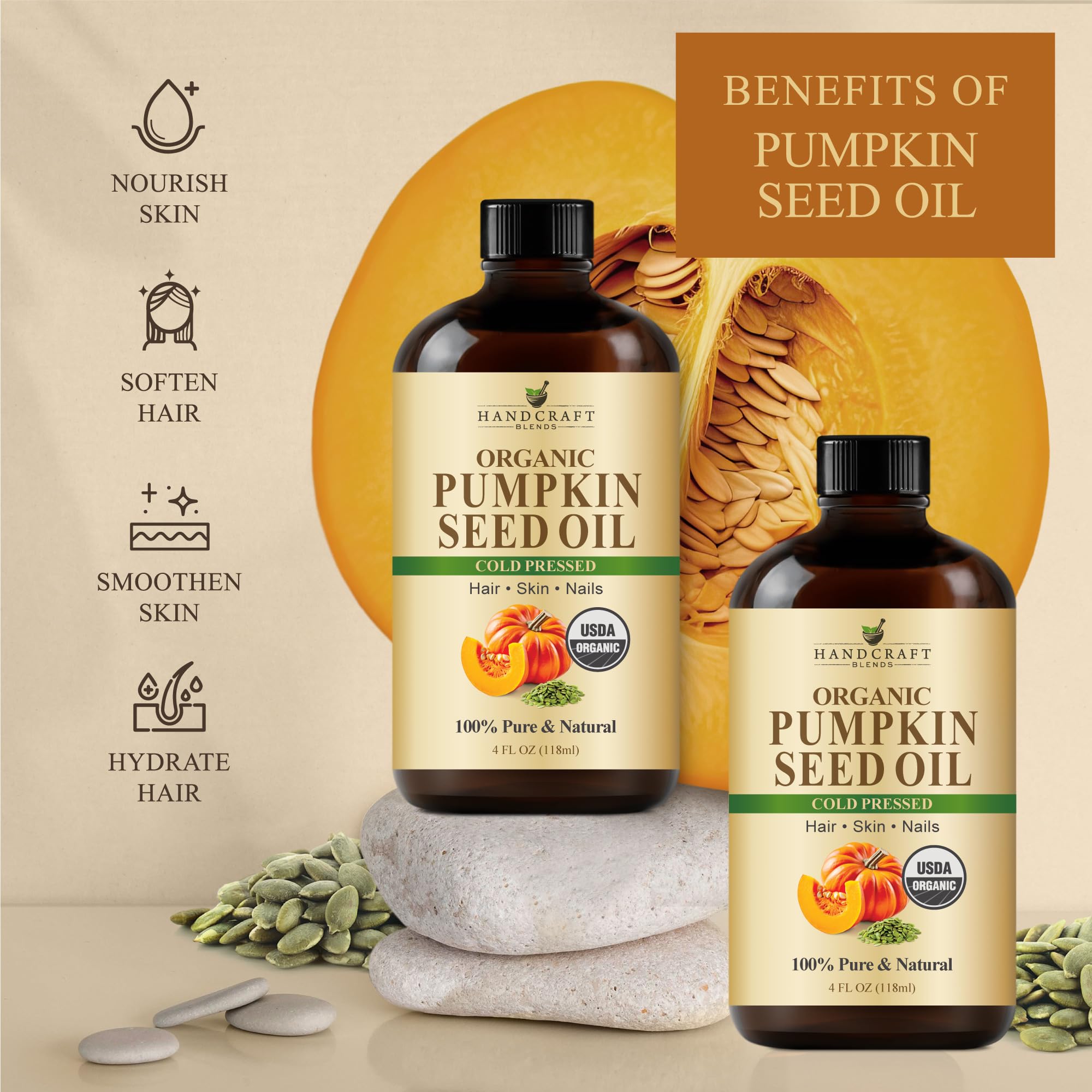 Aromatherapy massage setup with pumpkin seed oil bottle