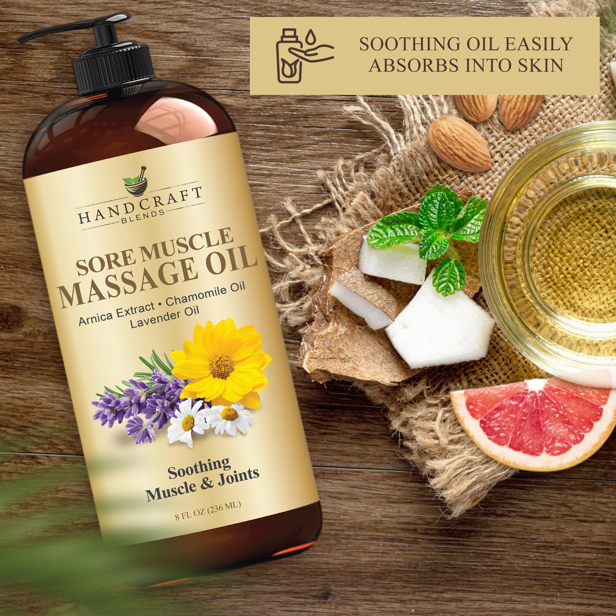 Blend highlights arnica, chamomile, lavender and peppermint essential oils.