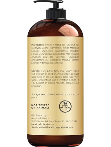 Close-up of ingredients including arnica extract, chamomile, lavender, and peppermint oils.