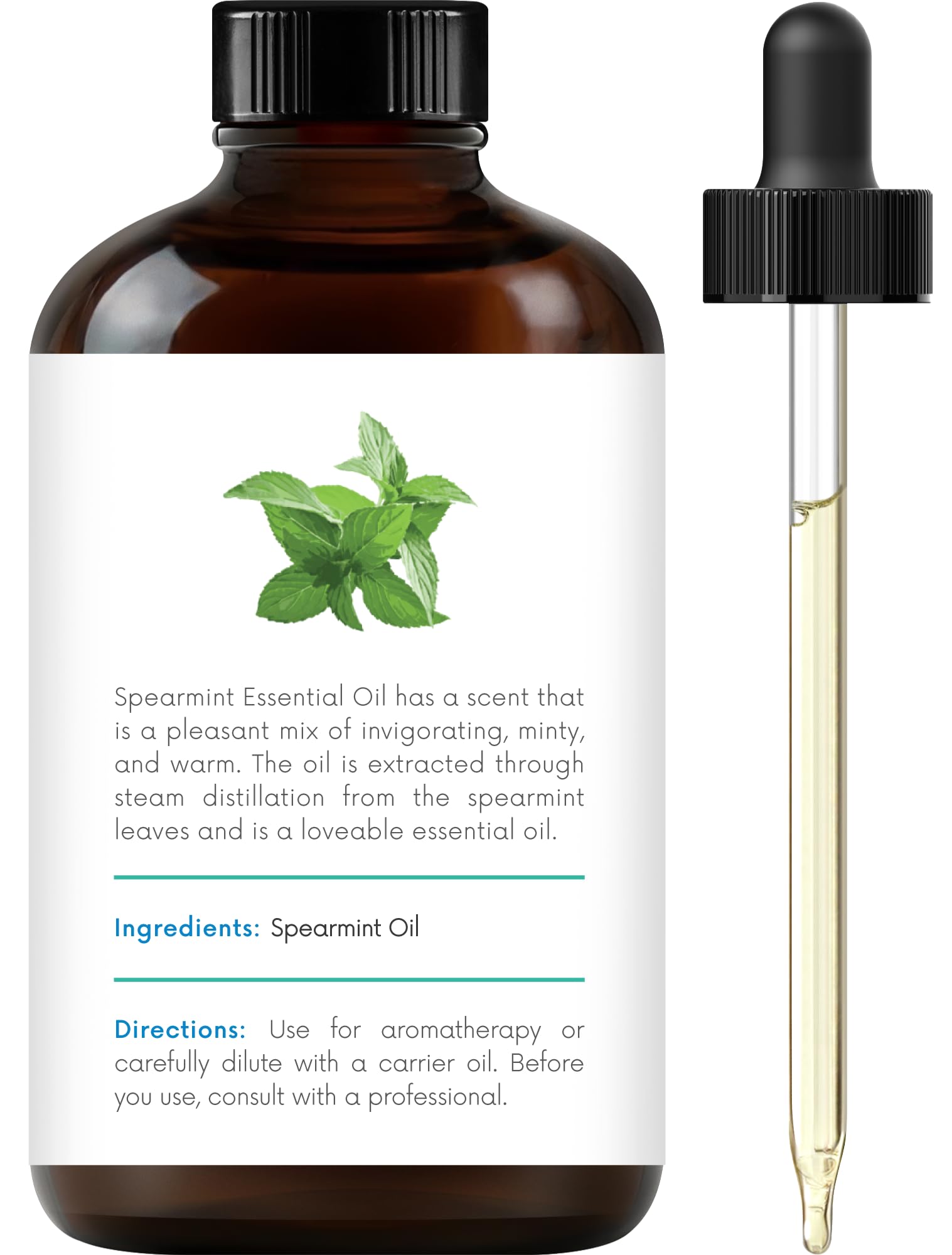 Close-up of spearmint essential oil in amber bottle