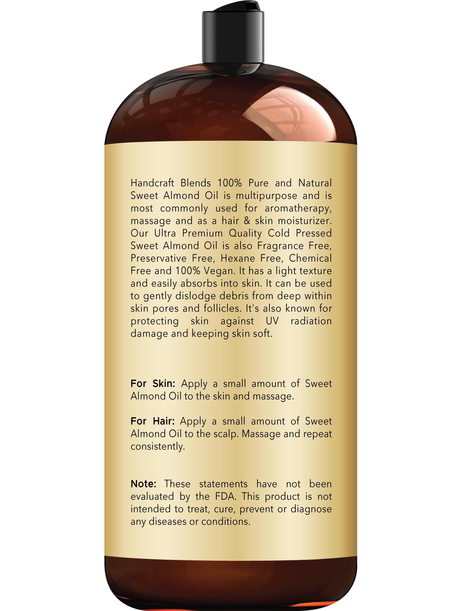 Close-up of Sweet Almond Oil label showing 100% Pure & Natural