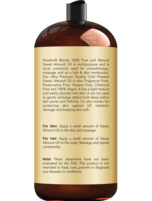 Close-up of Sweet Almond Oil label showing 100% Pure & Natural