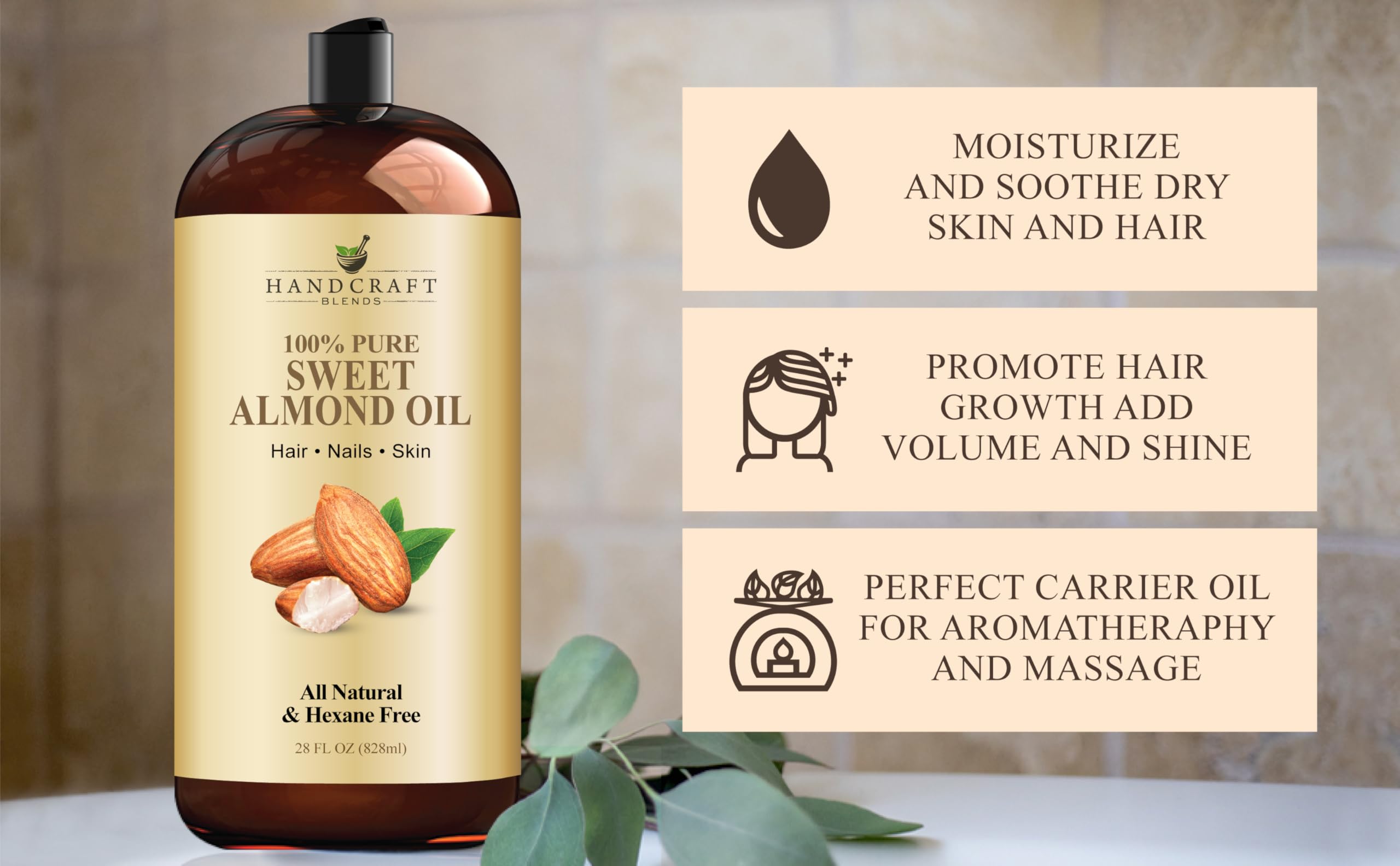 USA-sourced, hexane-free almond oil bottle