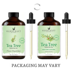 Close-up of Handcraft Blends Tea Tree Essential Oil amber bottle