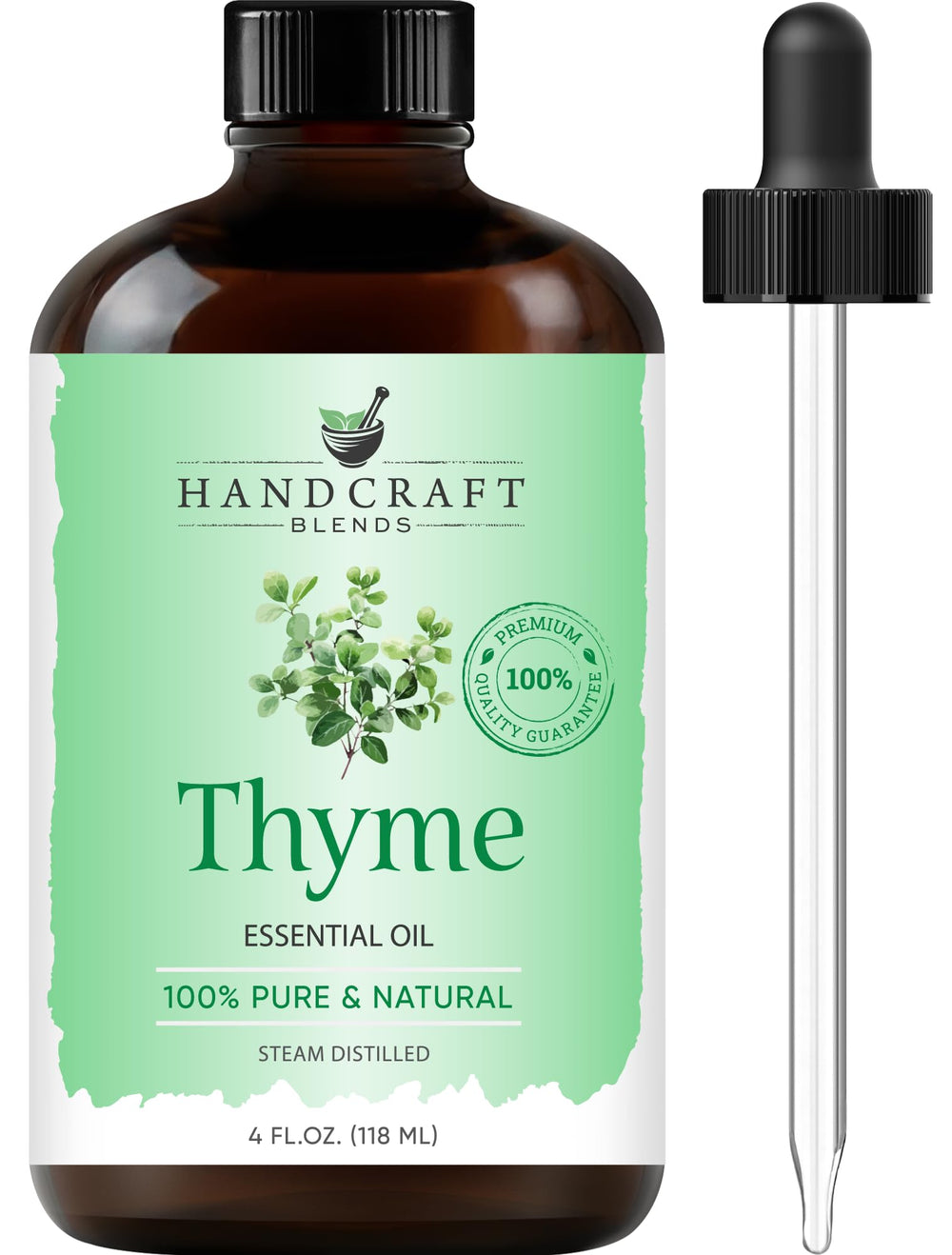 Amber glass bottle of Thyme Essential Oil with dropper (4 oz) from Handcraft Blends