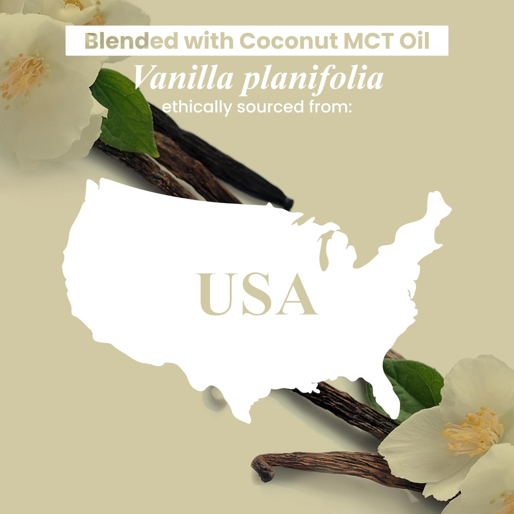 Bottled vanilla essential oil made in the USA with label