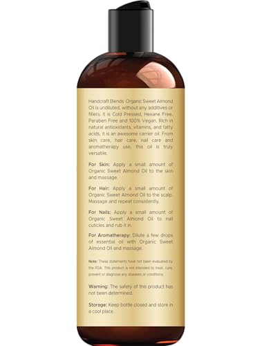 Organic almond oil bottle close-up for skin and hair care
